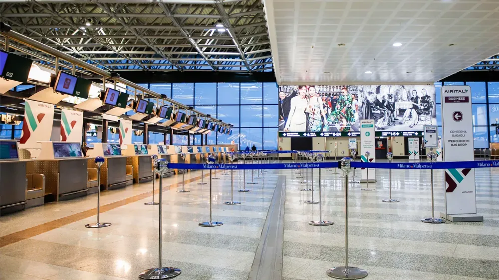 A view of the empty check-in counters at Milano Malpensa MPX Airport on March 07, 2020 in Ferno, Italy.